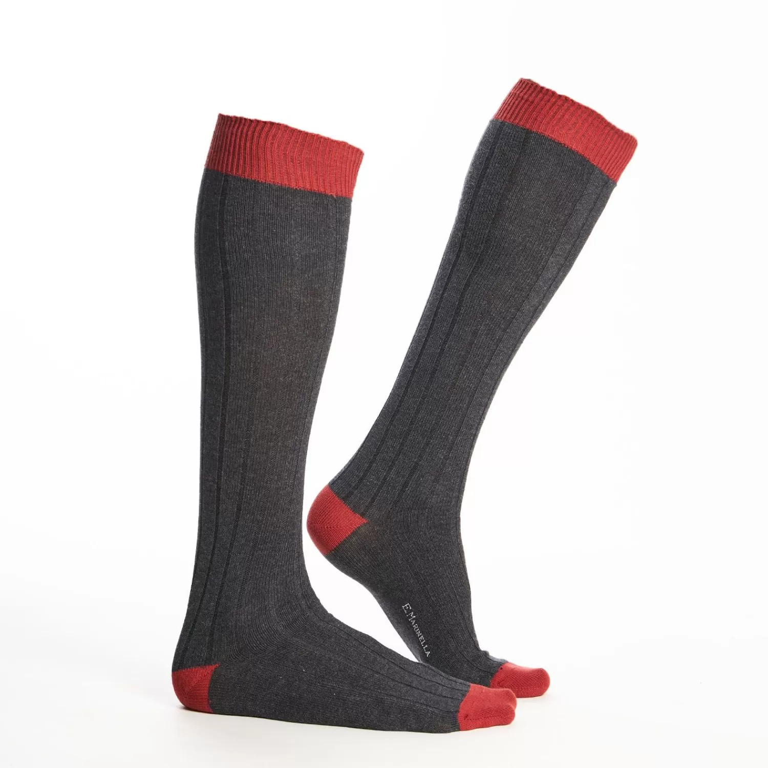 Long Grey And Red Bicolor Cotton Socks - Solid Color>E.Marinella Flash Sale