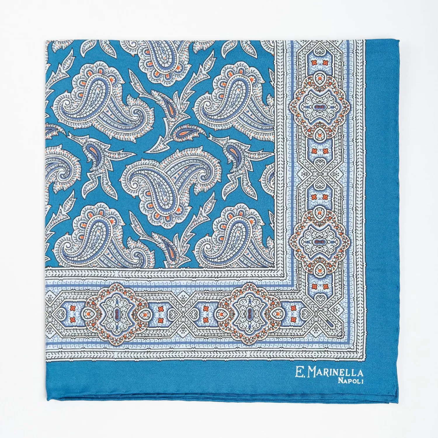 Mid Blue Hand-Printed Silk Pocket Square - Paisley Pattern>E.Marinella Best