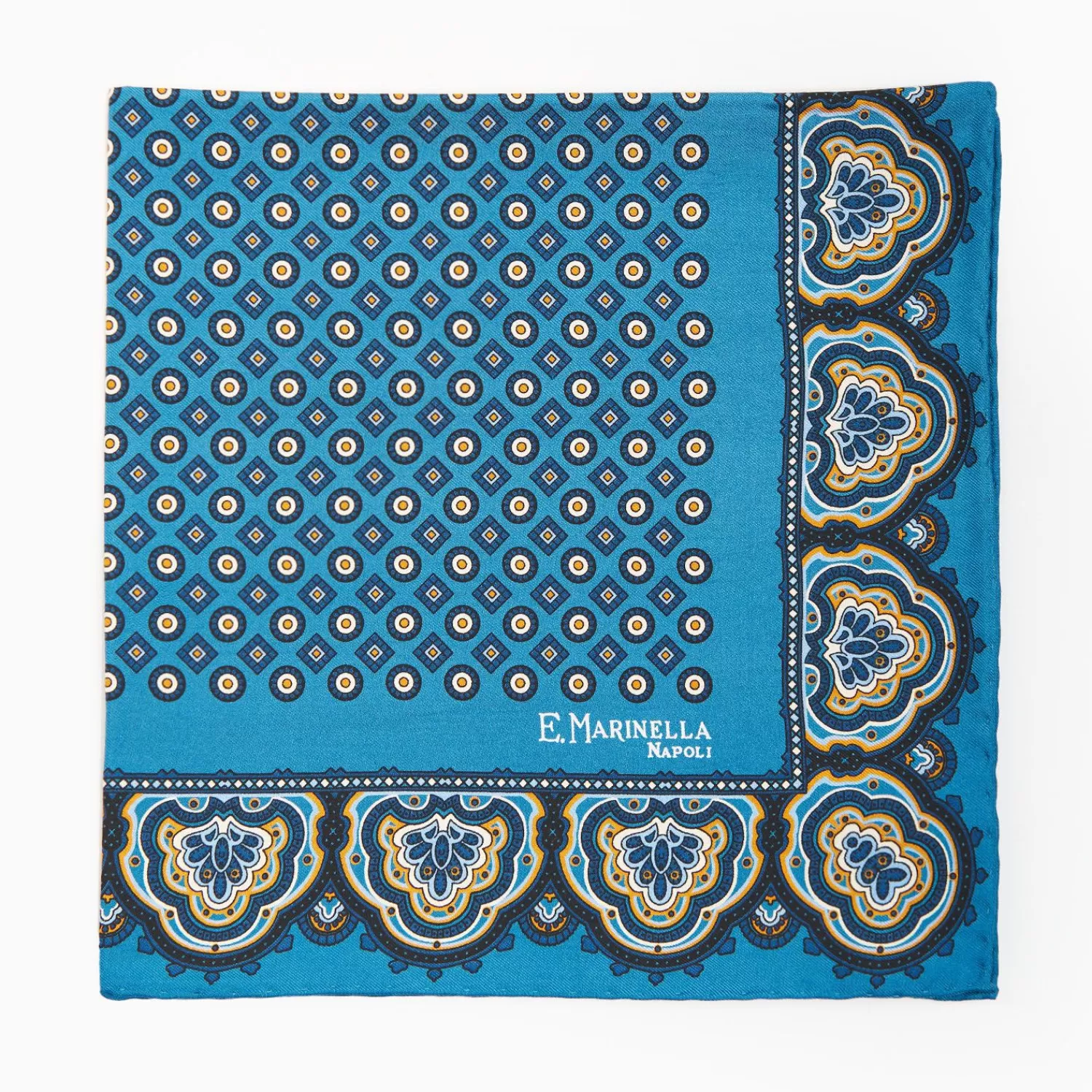 Mid Blue Hand-Printed Silk Pocket Square Large Flower Pattern>E.Marinella Clearance