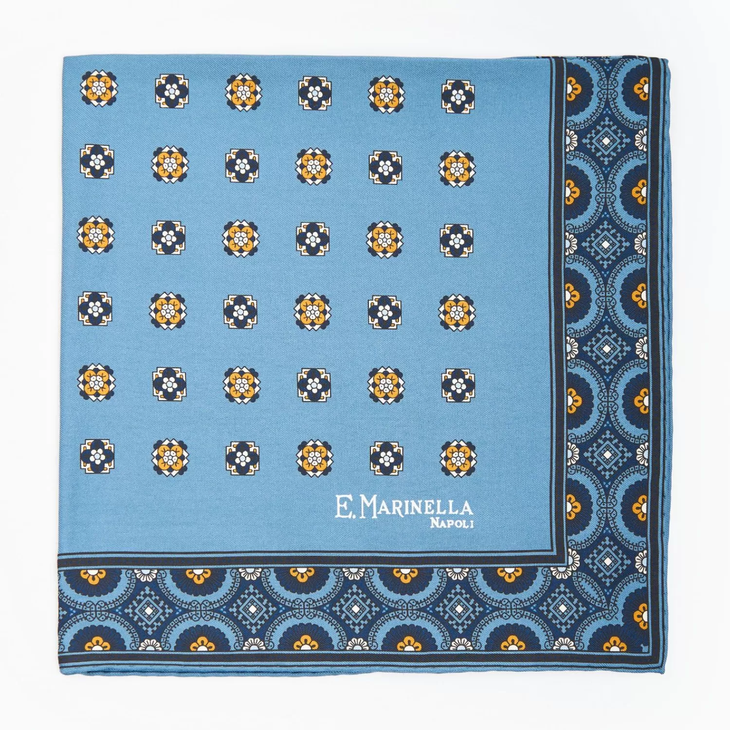 Mid Blue Hand-Printed Silk Pocket Square Small Flower Pattern>E.Marinella Outlet