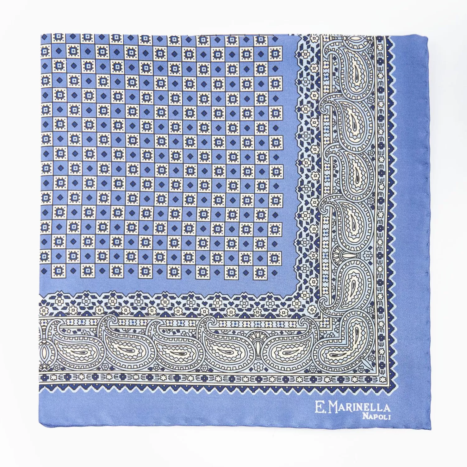 Mid Blue Hand-Printed Silk Pocket Square Small Flower Pattern>E.Marinella Hot