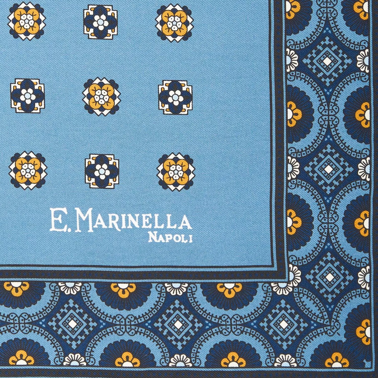 Mid Blue Hand-Printed Silk Pocket Square Small Flower Pattern>E.Marinella Outlet
