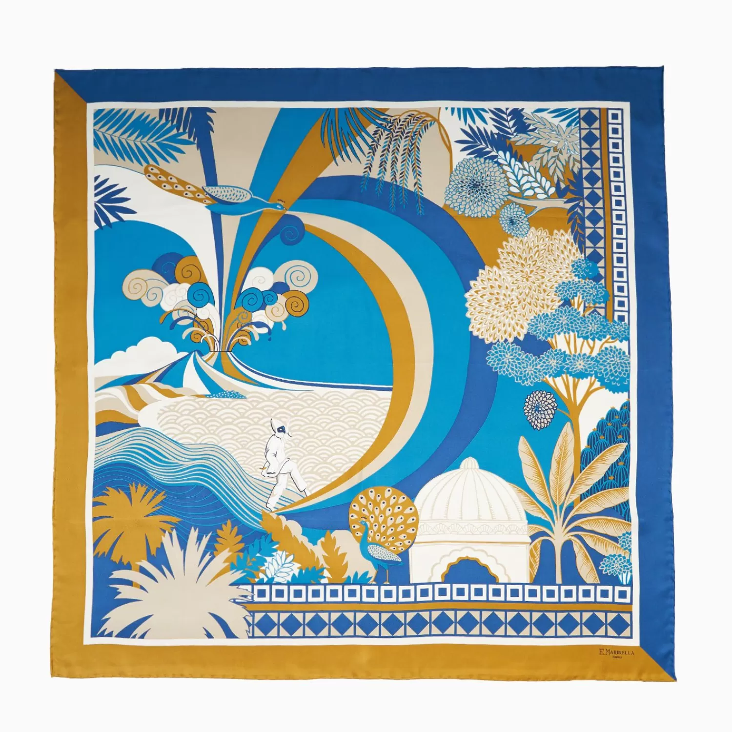 Ochre And Blue Silk Scarf 90 - Pulcinella In Naples>E.Marinella Outlet