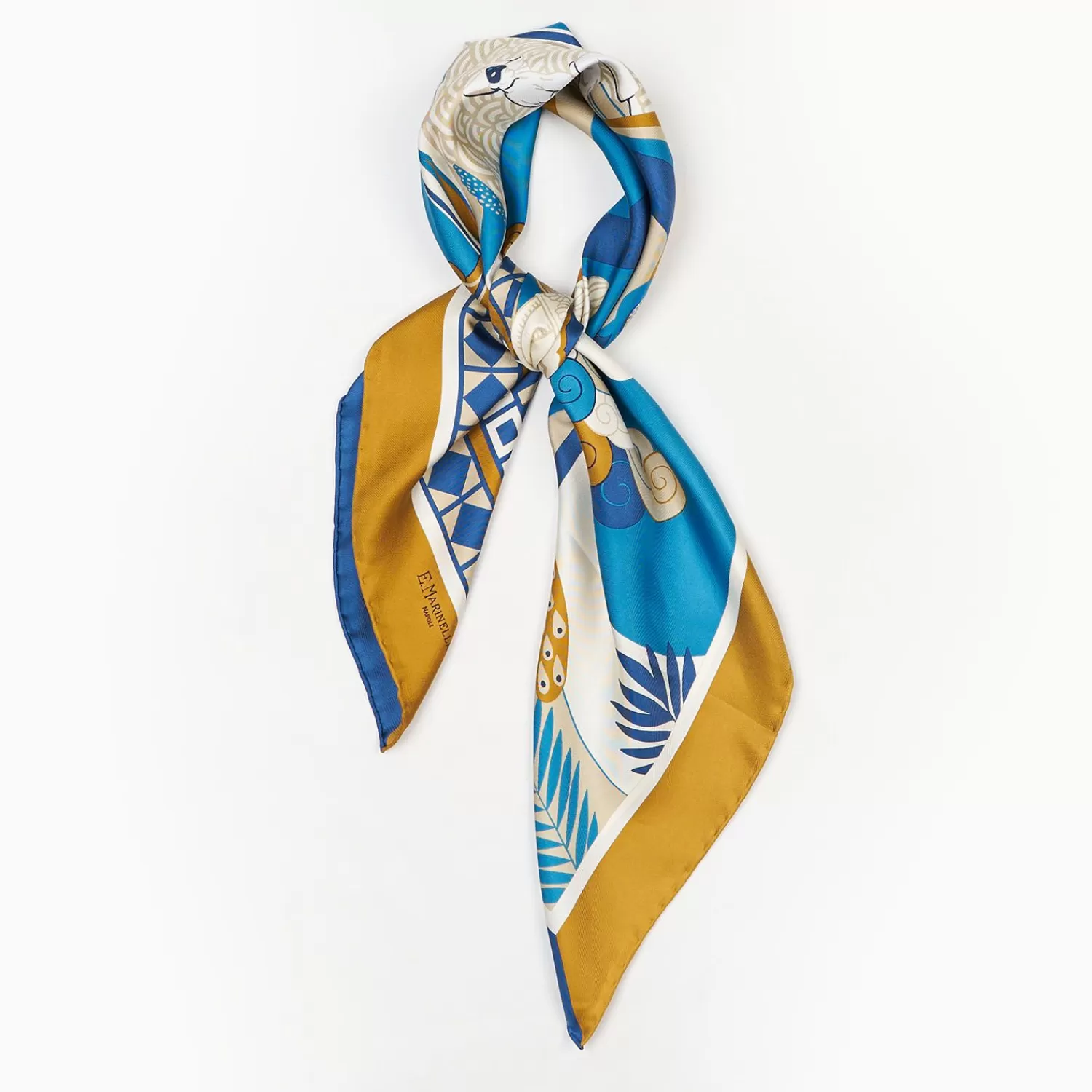 Ochre And Blue Silk Scarf 90 - Pulcinella In Naples>E.Marinella Outlet