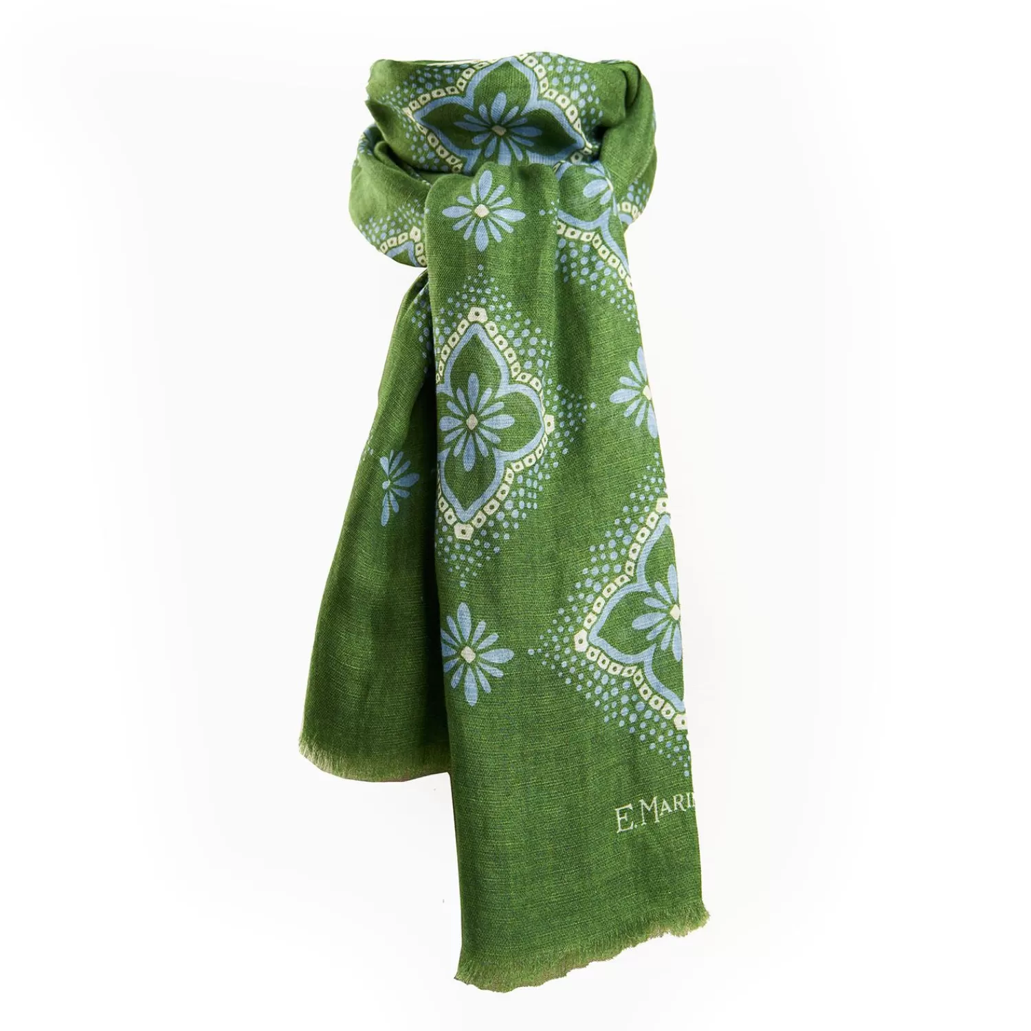 Olive Green Cotton And Linen Scarf - Light Blue Macro Flowers>E.Marinella Cheap