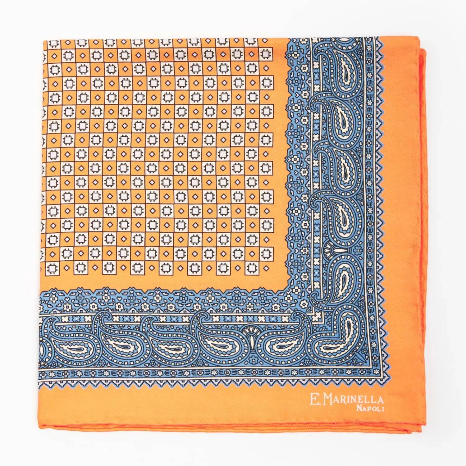 Orange Hand-Printed Silk Pocket Square Large Flower Pattern>E.Marinella Best Sale