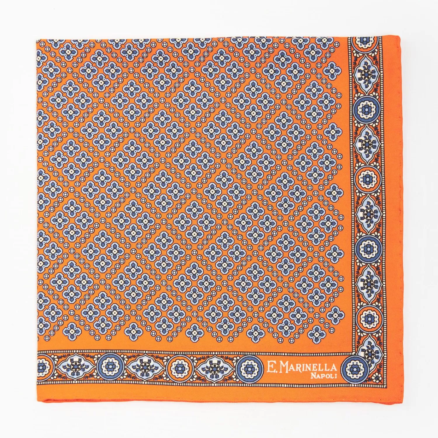 Orange Hand-Printed Silk Pocket Square Large Flower Pattern>E.Marinella Online