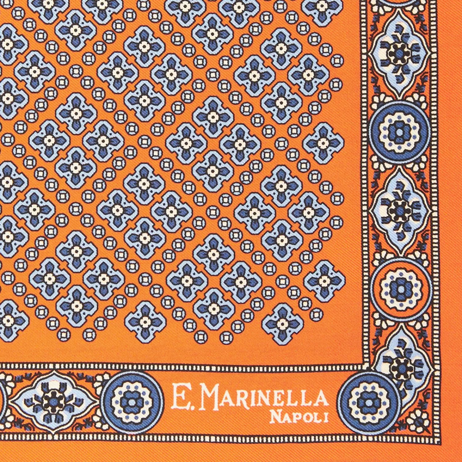 Orange Hand-Printed Silk Pocket Square Large Flower Pattern>E.Marinella Online