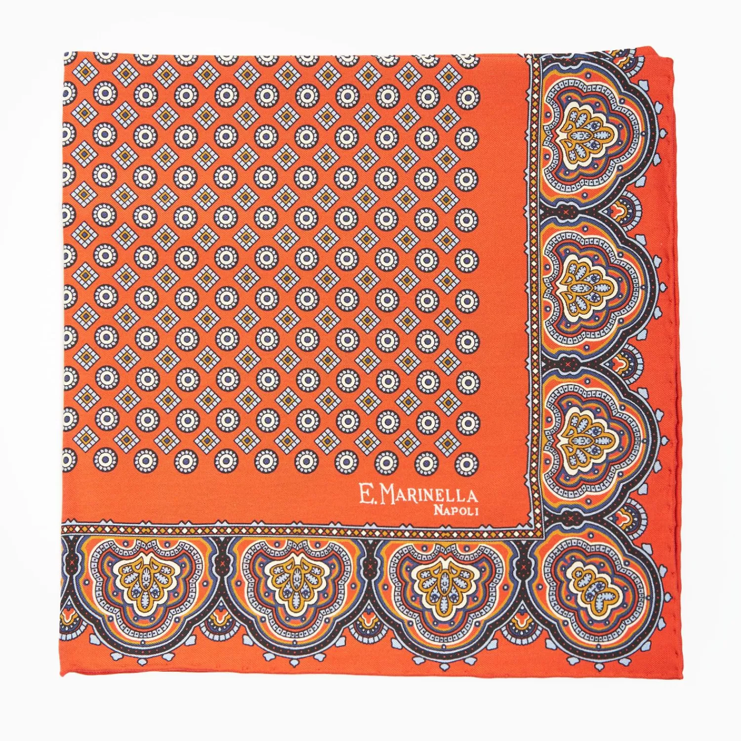 Orange Hand-Printed Silk Pocket Square Small Flower Pattern>E.Marinella Discount