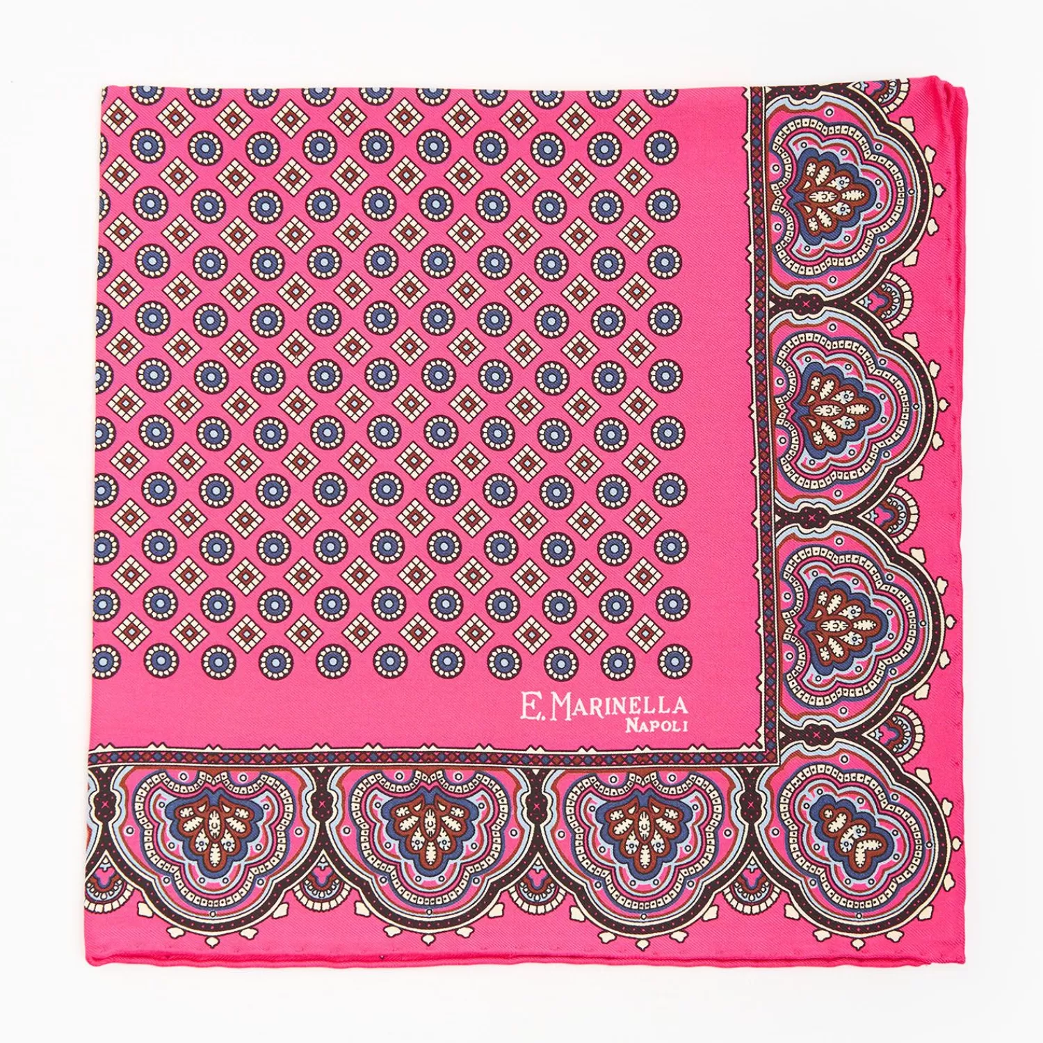 Pink Hand-Printed Silk Pocket Square Large Flower Pattern>E.Marinella Online