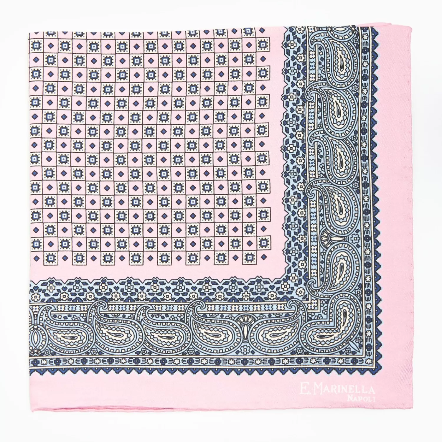 Pink Hand-Printed Silk Pocket Square Small Flower Pattern>E.Marinella Store