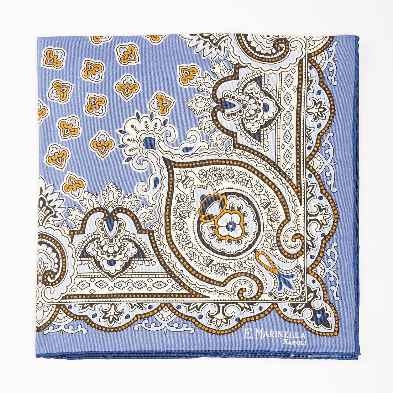 Powder Blue Hand-Printed Silk Pocket Square - Large Flower Pattern>E.Marinella Shop