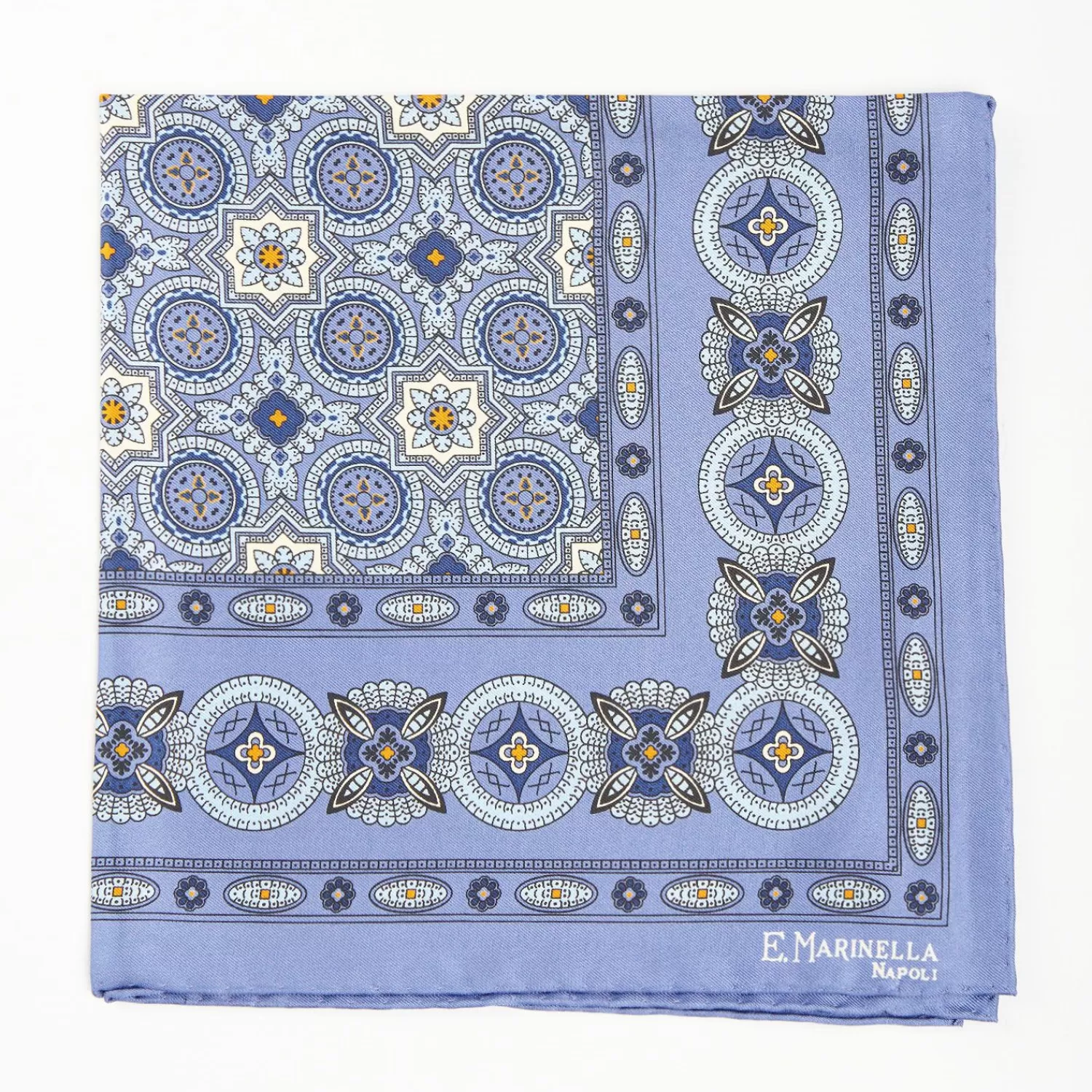 Powder Blue Hand-Printed Silk Pocket Square Large Flower Pattern>E.Marinella Clearance