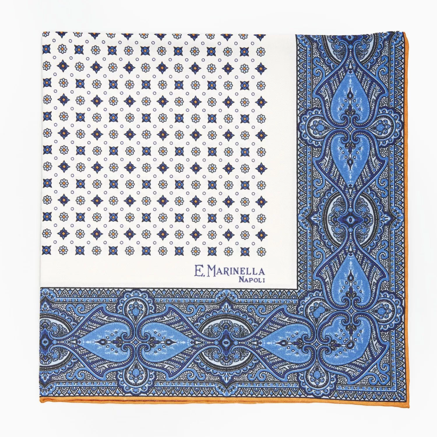 White Hand-Printed Silk Pocket Square Small Flower Pattern>E.Marinella Fashion