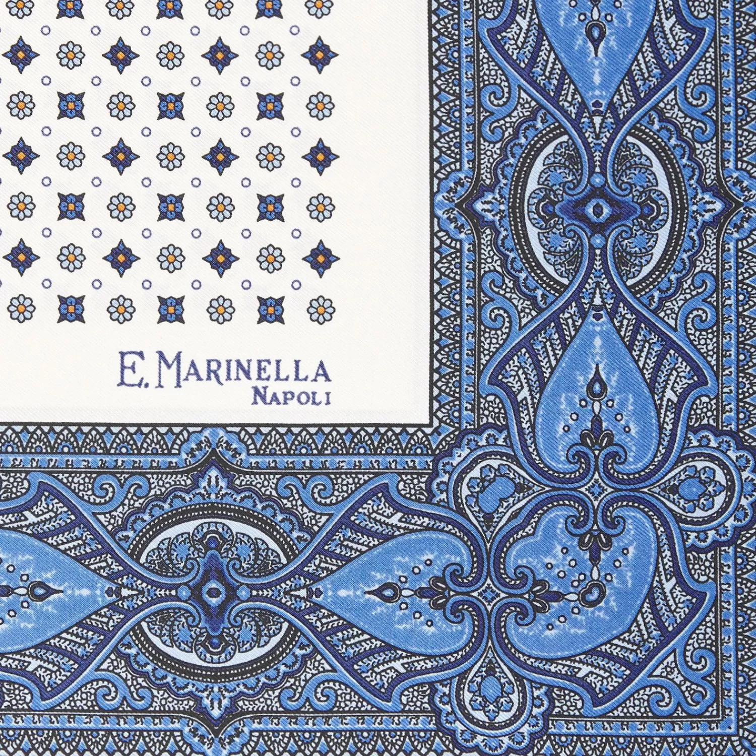 White Hand-Printed Silk Pocket Square Small Flower Pattern>E.Marinella Fashion