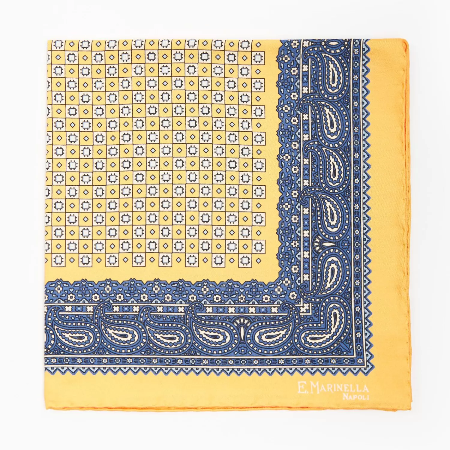 Yellow Hand-Printed Silk Pocket Square Large Flower Pattern>E.Marinella Online