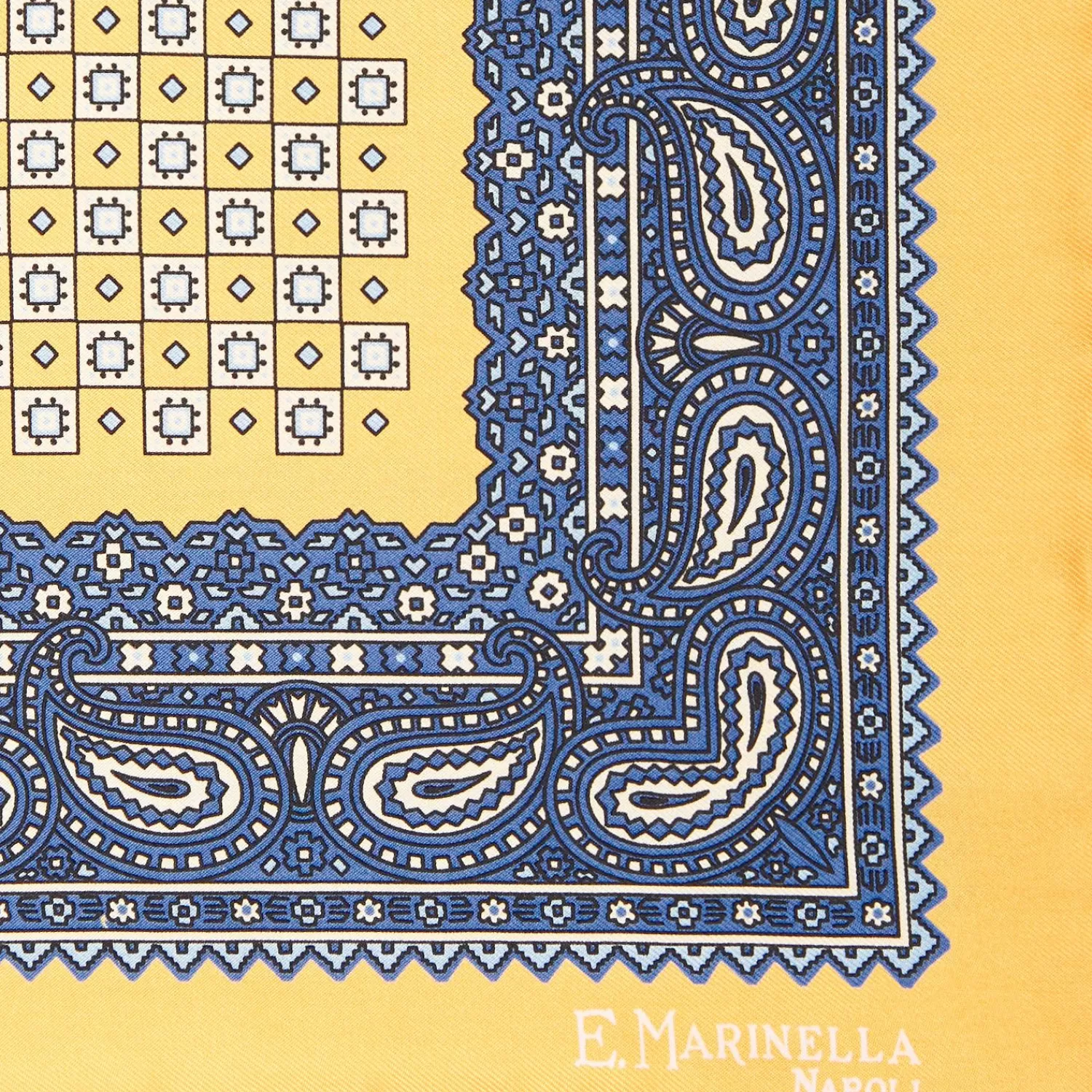 Yellow Hand-Printed Silk Pocket Square Large Flower Pattern>E.Marinella Online